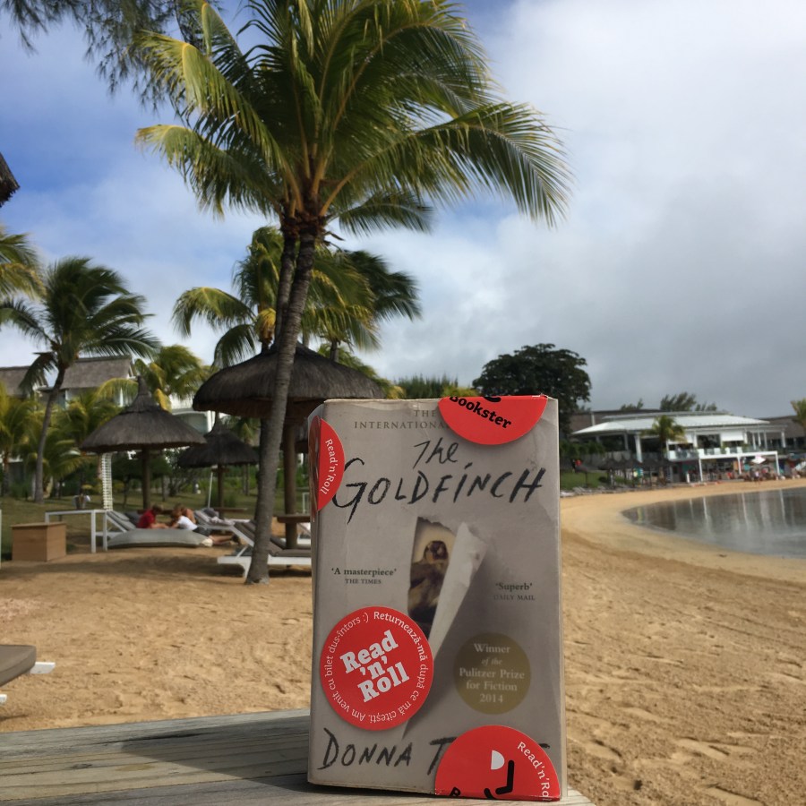 photograph of The Goldfinch by Donna Tartt book at the seaside